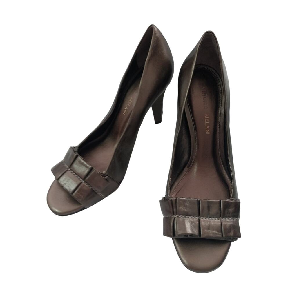 ANTONIO MELANI! BRONZE METALLIC BROWN GENUINE LEATHER PEEP TOE HEELS, PUMPS! 8M